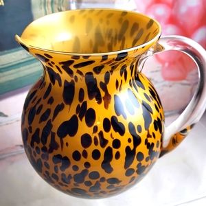 AMICI Art Glass Hand Blown Tortoise Shell Spotted Leopard Print Footed Pitcher 7